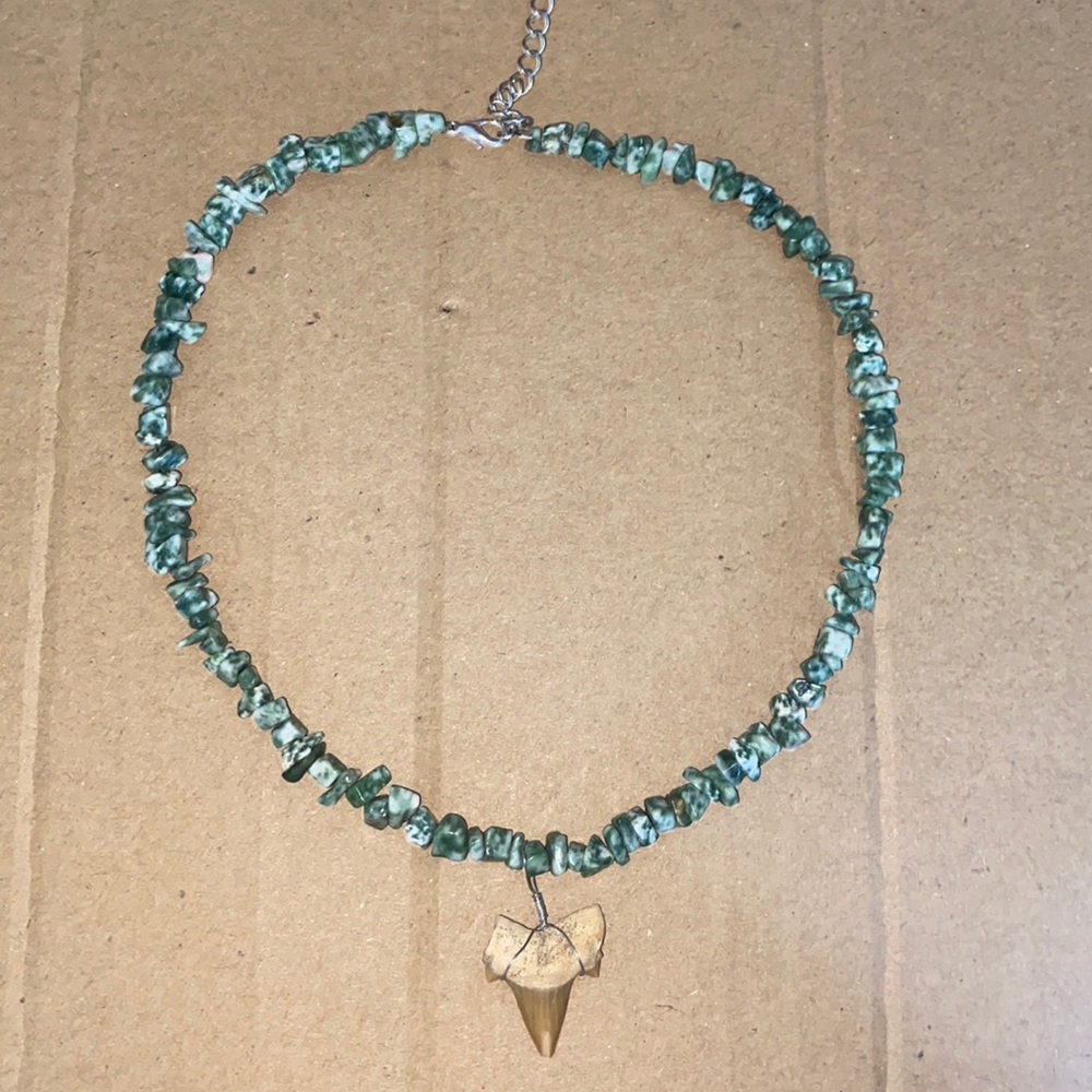 Handmade Green stone shark tooth necklace